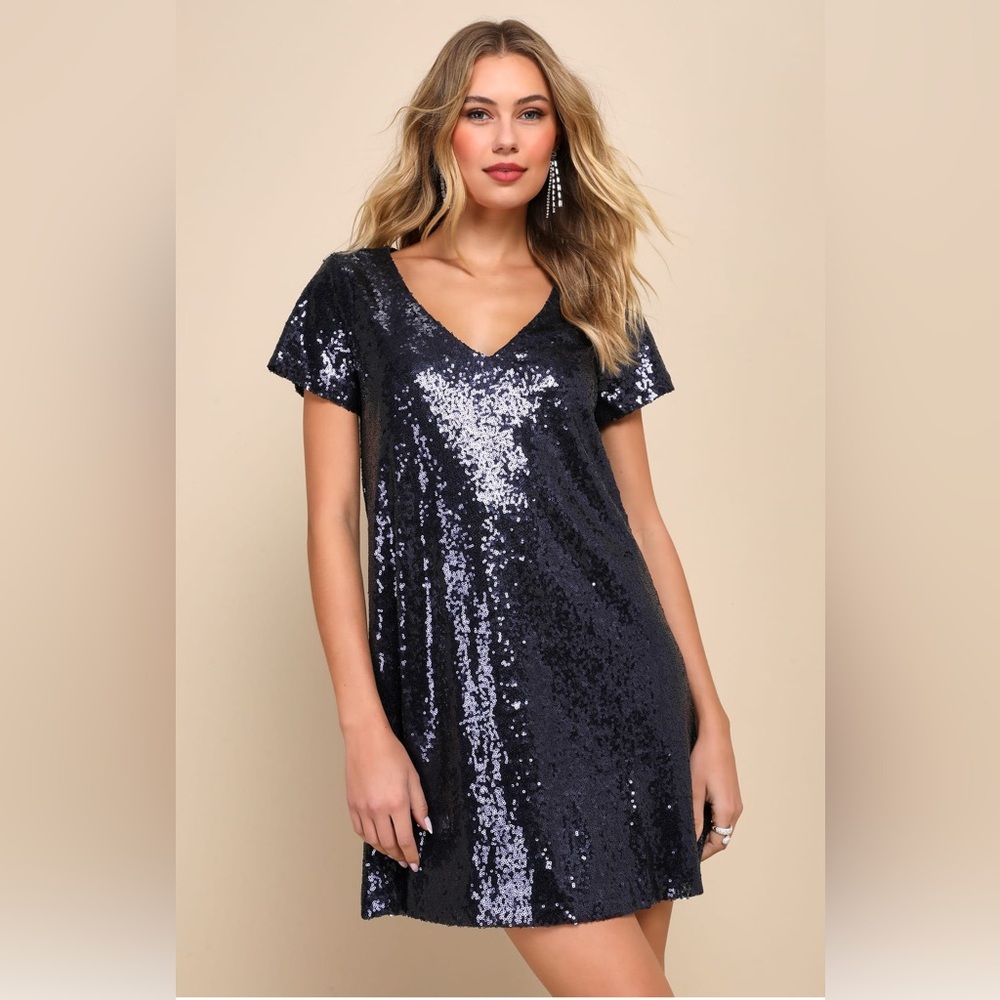 Lulu's Light Up the Night Navy Blue Sequin Shift Dress, Sz XS